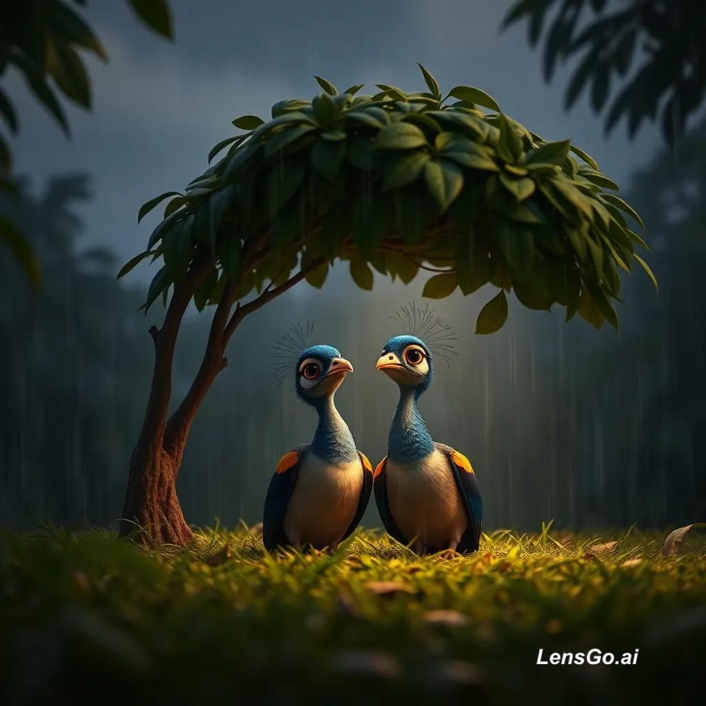 Two colorful birds under a leafy tree in a green setting.