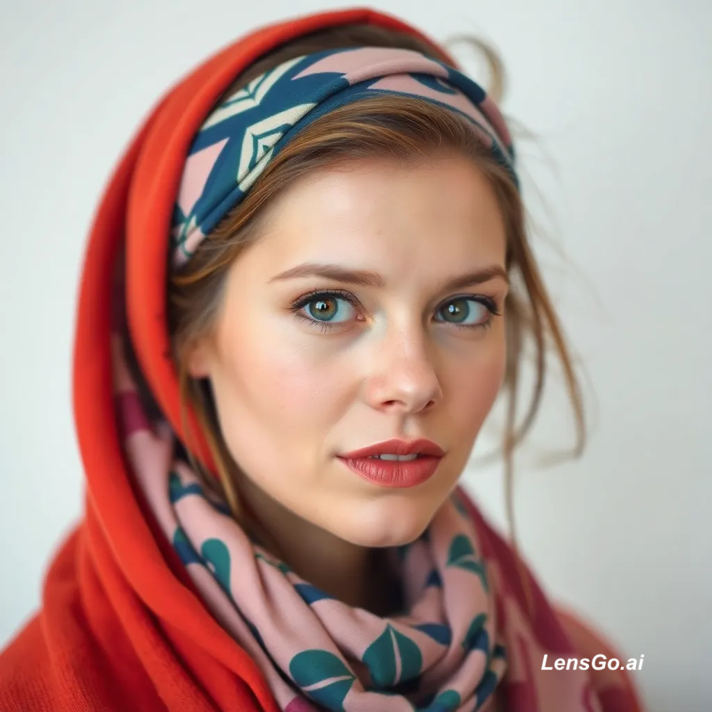 Close-up portrait of a woman with a headscarf and shawl
