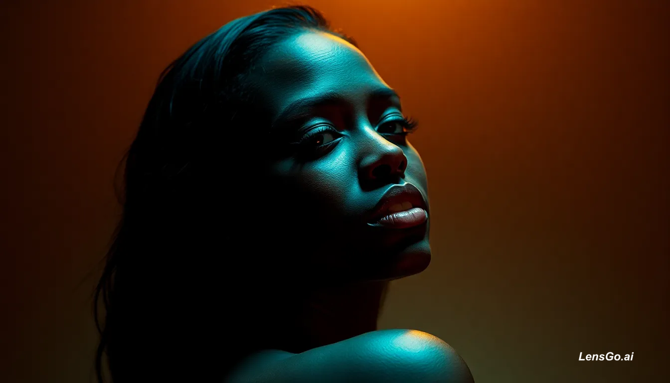 Cinematic portrait of a woman in profile with dramatic lighting.
