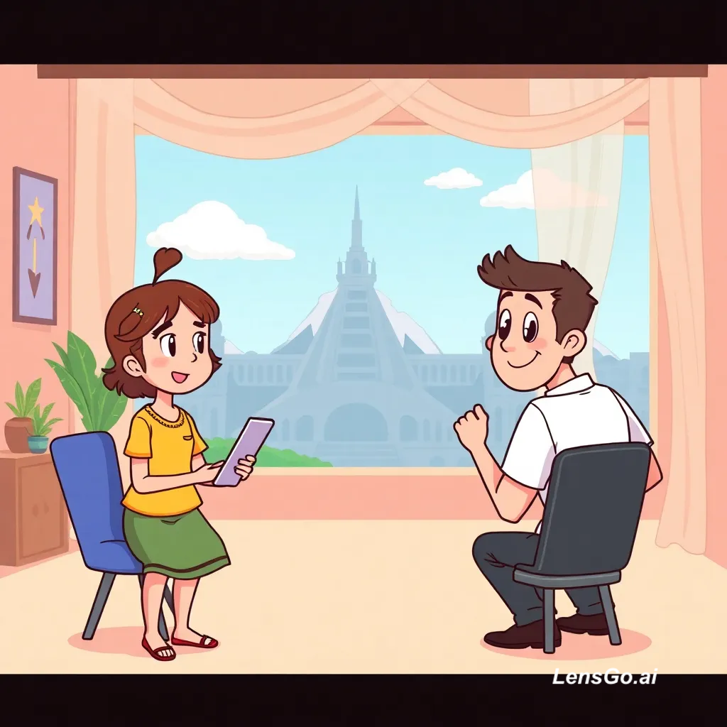 A woman with a tablet and a smiling man in a bright room.