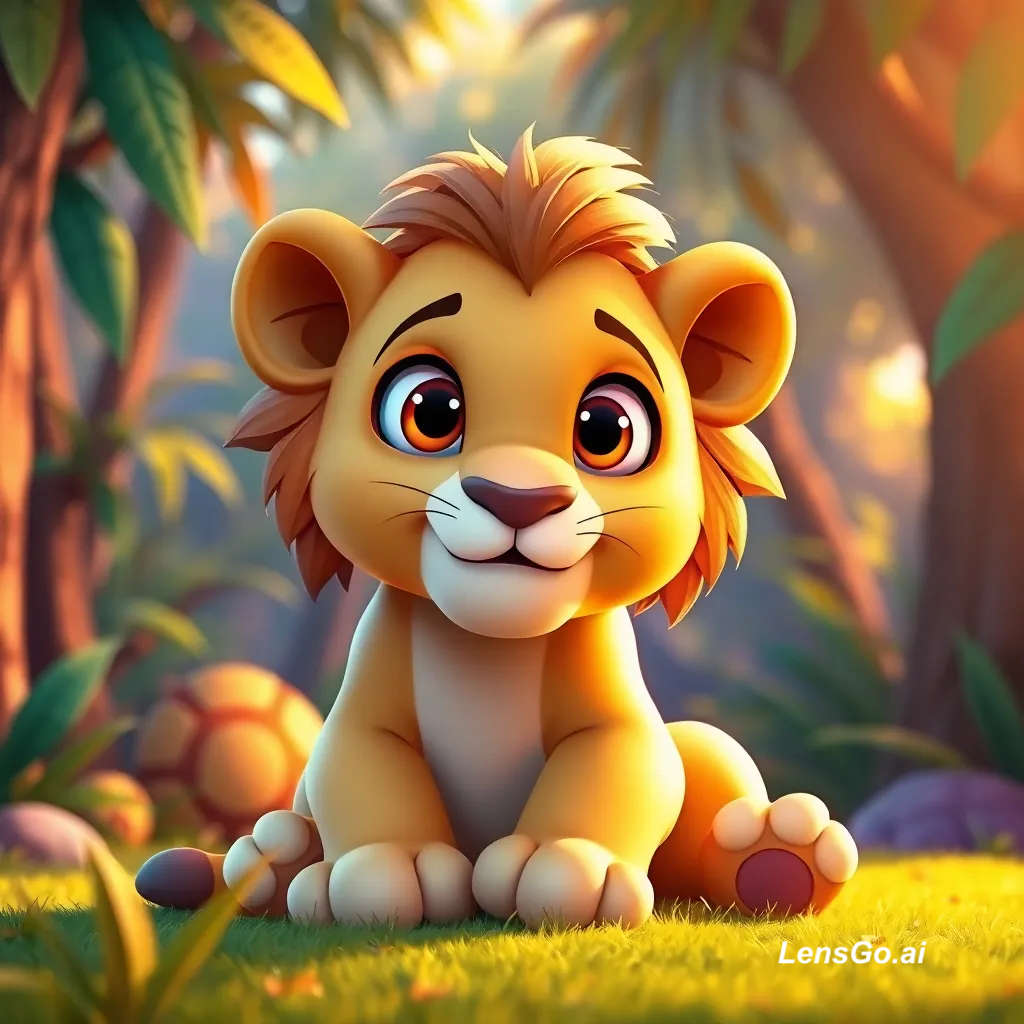Cartoon lion cub in a jungle with sunlight