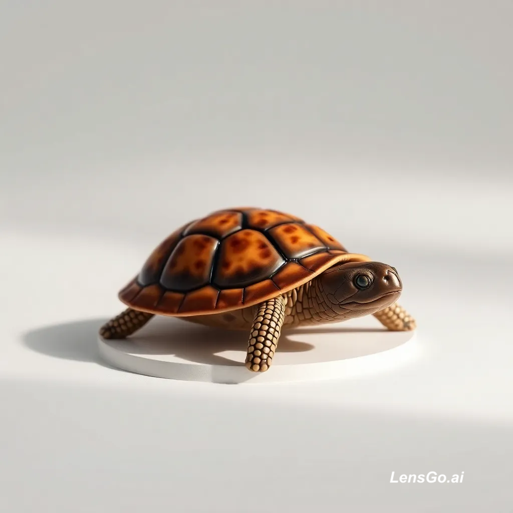 A realistic turtle figurine with a brown and orange shell on a white base.