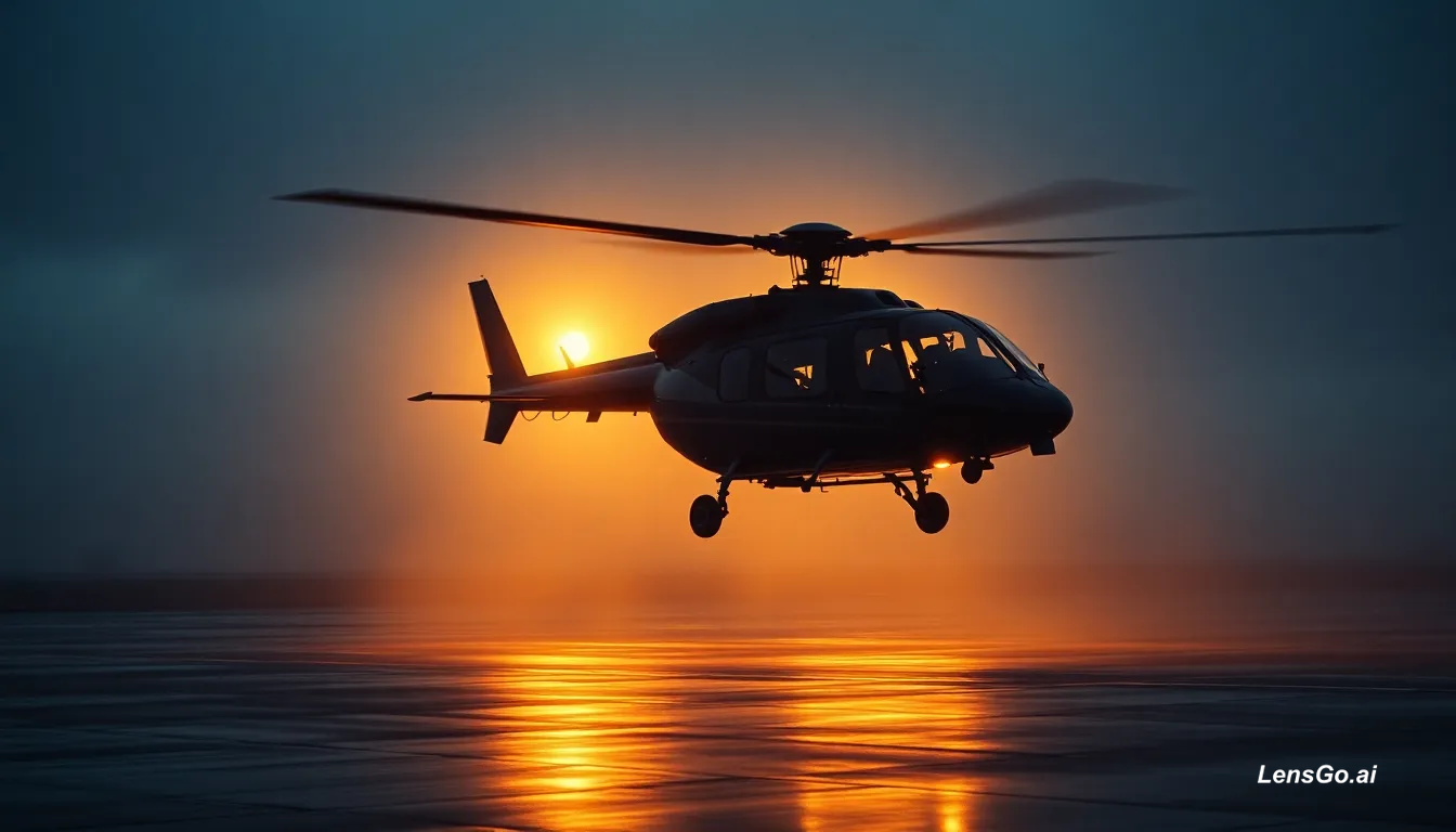 Silhouette of a helicopter against a sunset with reflections on the ground.