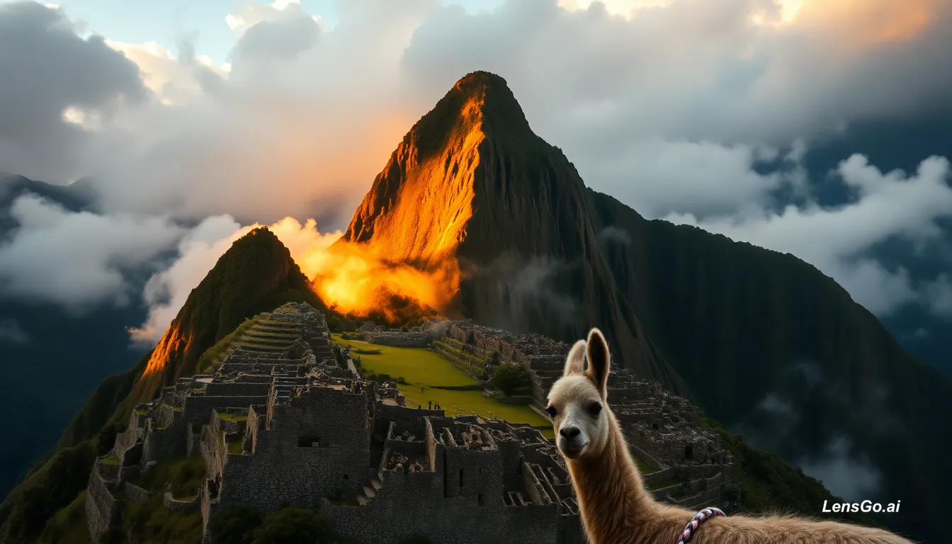 A llama in front of Machu Picchu during sunset