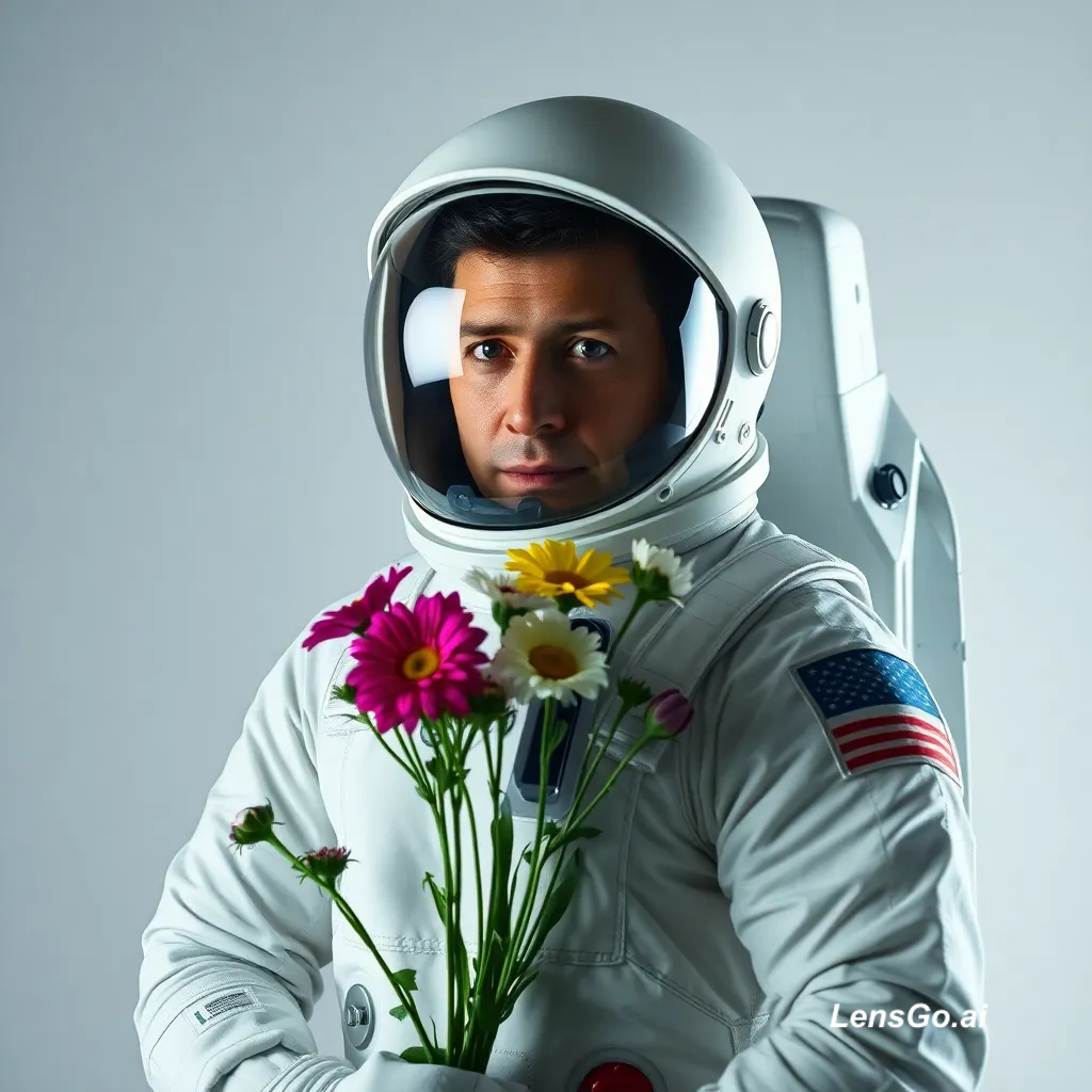 An astronaut in a space suit holding flowers.
