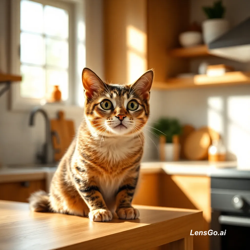 A cat sitting on a kitchen counter in sunlight.