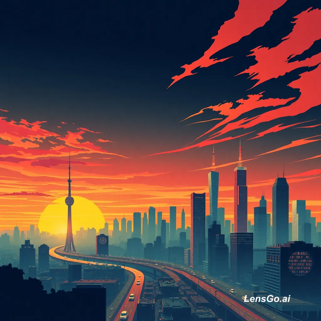 City skyline at sunset with tall buildings and a tower
