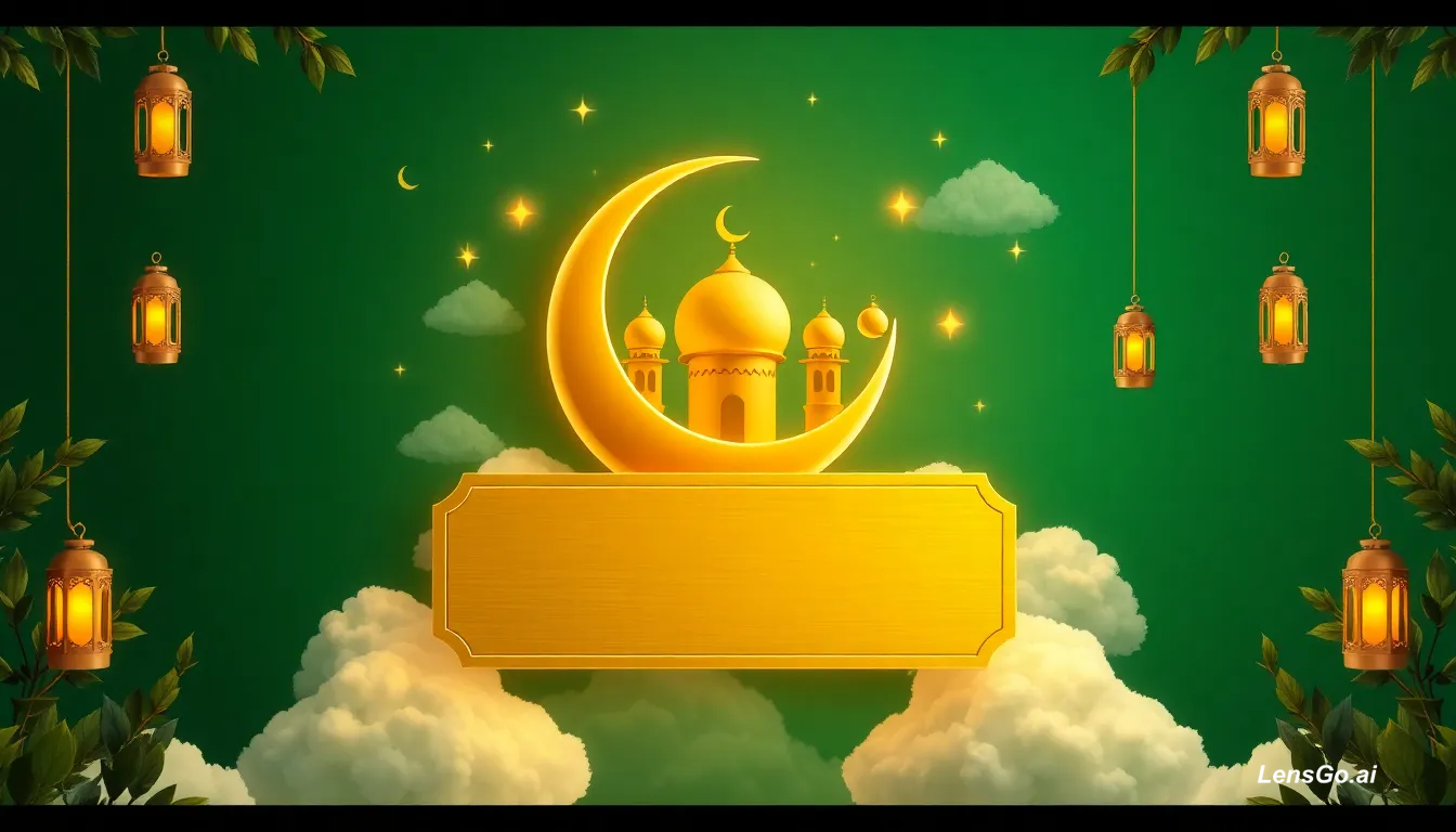 Crescent moon and mosque with lanterns on green background