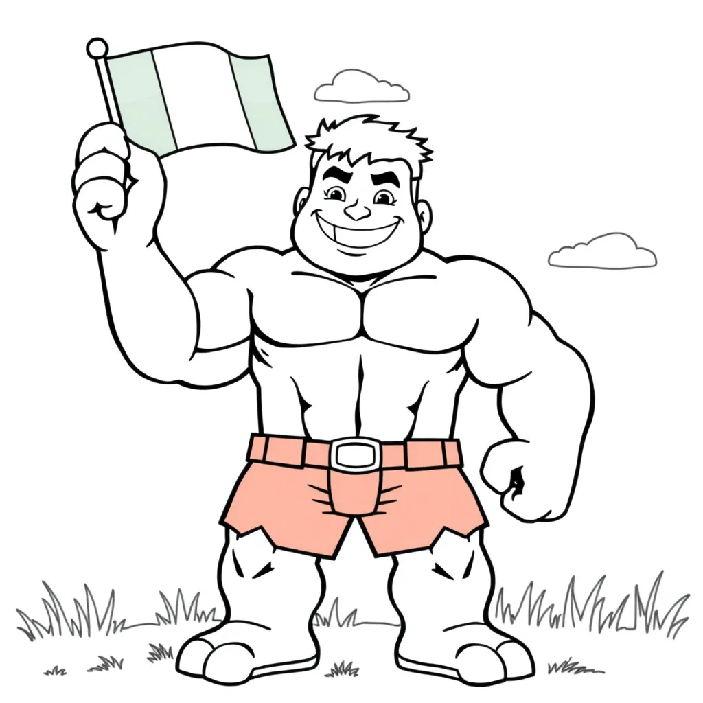 Cartoon muscular character holding a flag in a grassy area