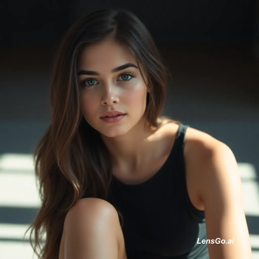 Close-up portrait of a young woman with long hair and blue eyes, wearing a black top.
