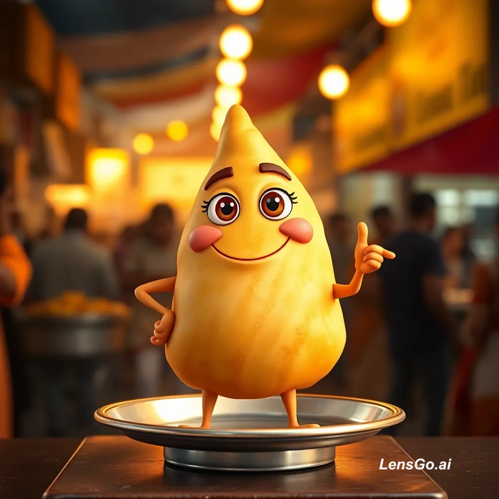 Animated character resembling food on a plate in a market.