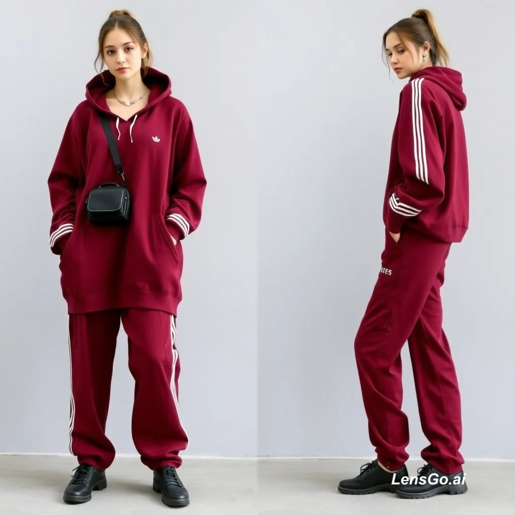 Model in burgundy hoodie and pants with stripes