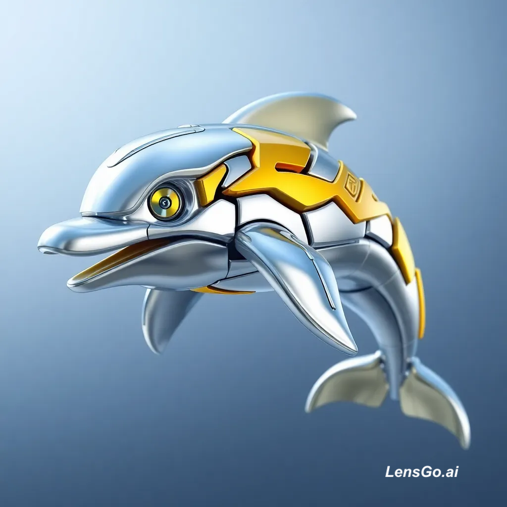A mechanical dolphin with metallic colors, leaping in the air.