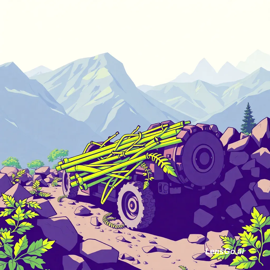 Stylized mountain landscape with a vehicle and green sticks