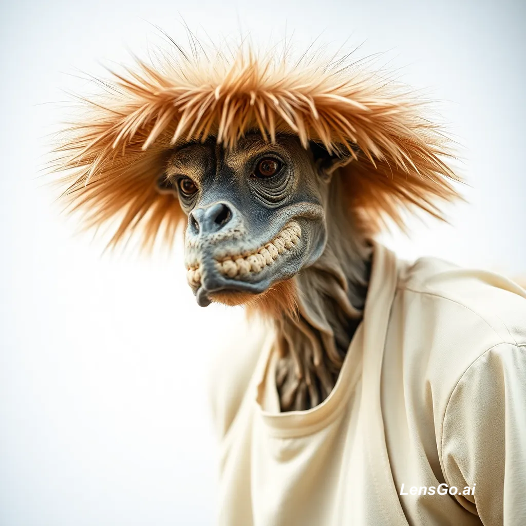 A creature with a human-like face and spiky hair wearing a shirt.