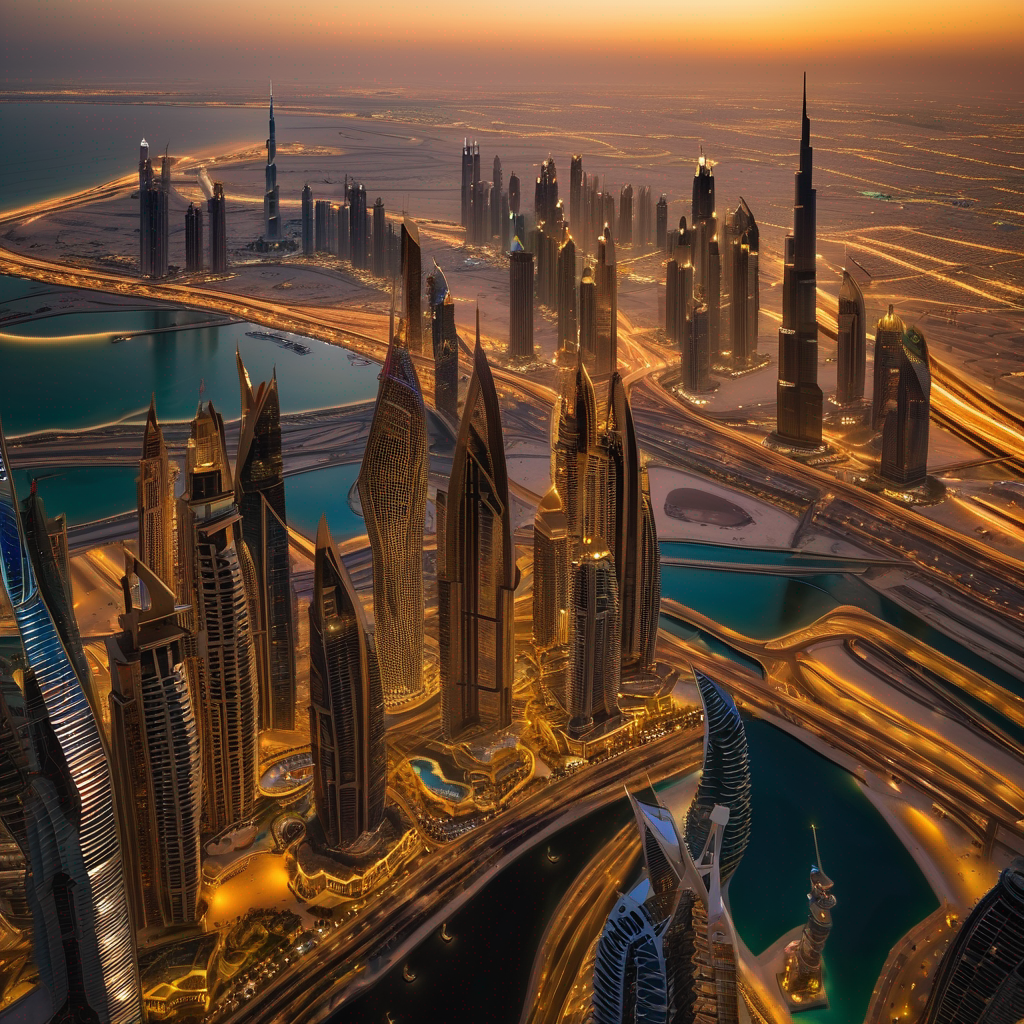 Aerial view of Dubai skyline at sunset with skyscrapers and waterways