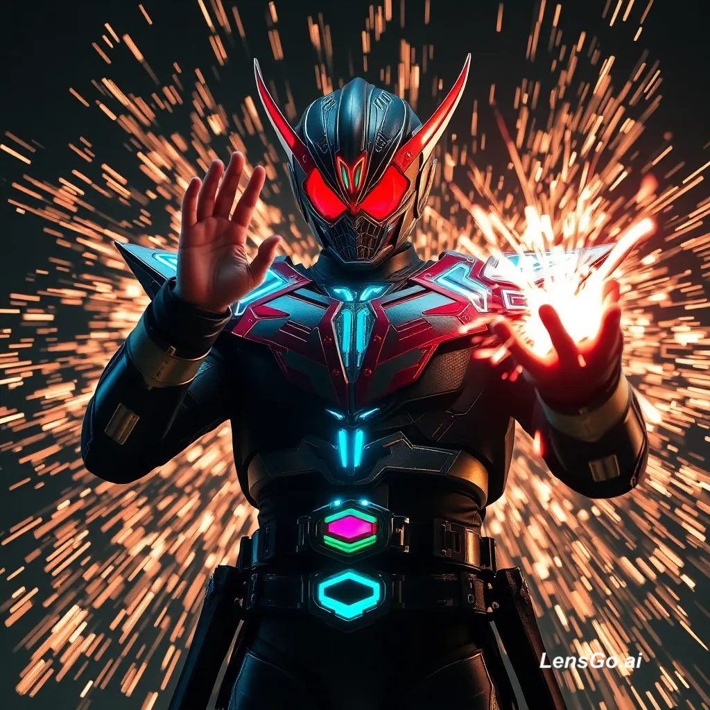 Futuristic hero in a glowing suit with sparks around