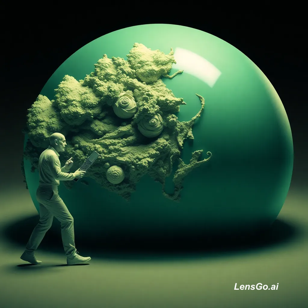 A person next to a large green sphere with organic textures.