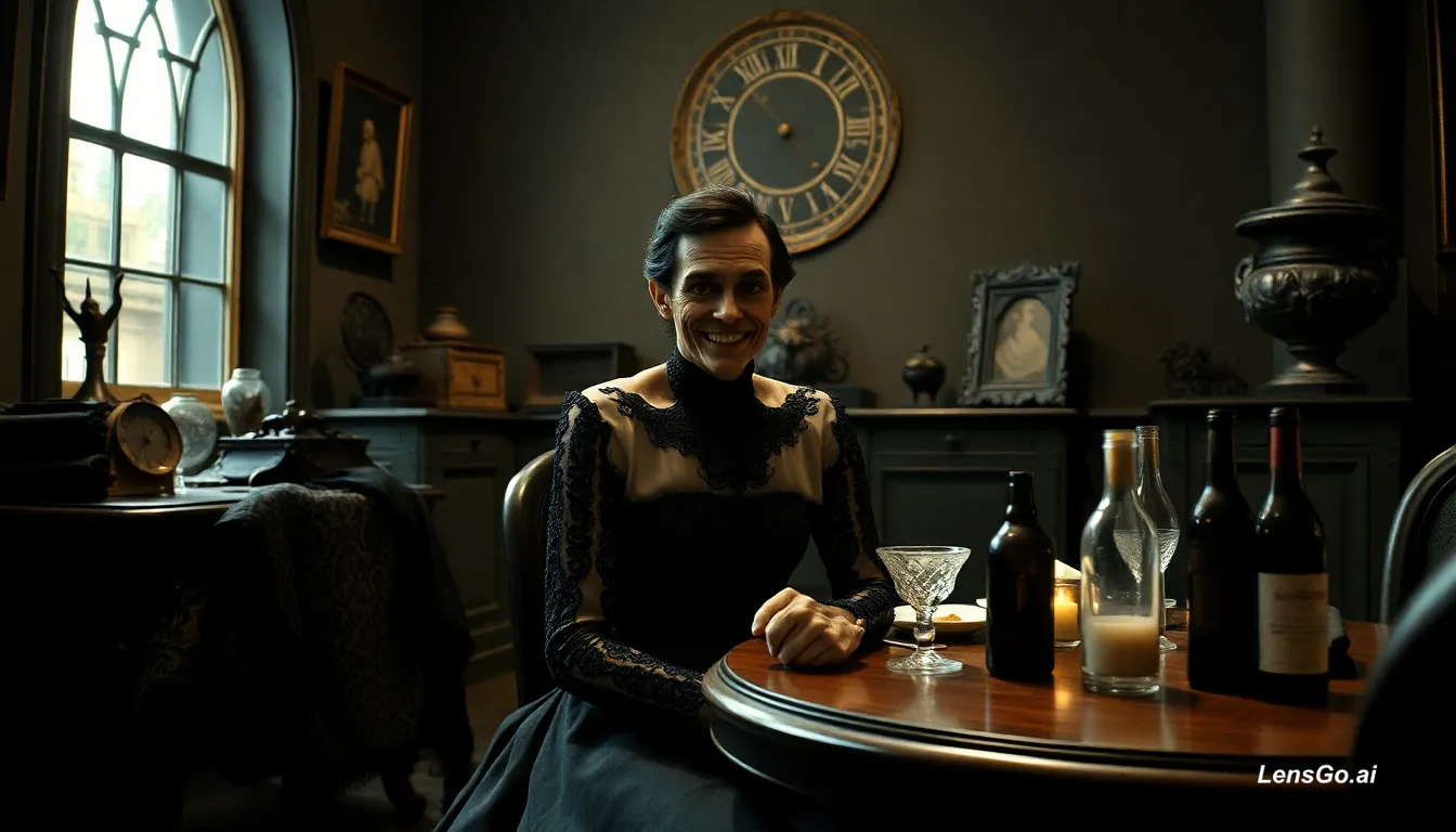 A woman sitting at a table with bottles in a dimly lit room.
