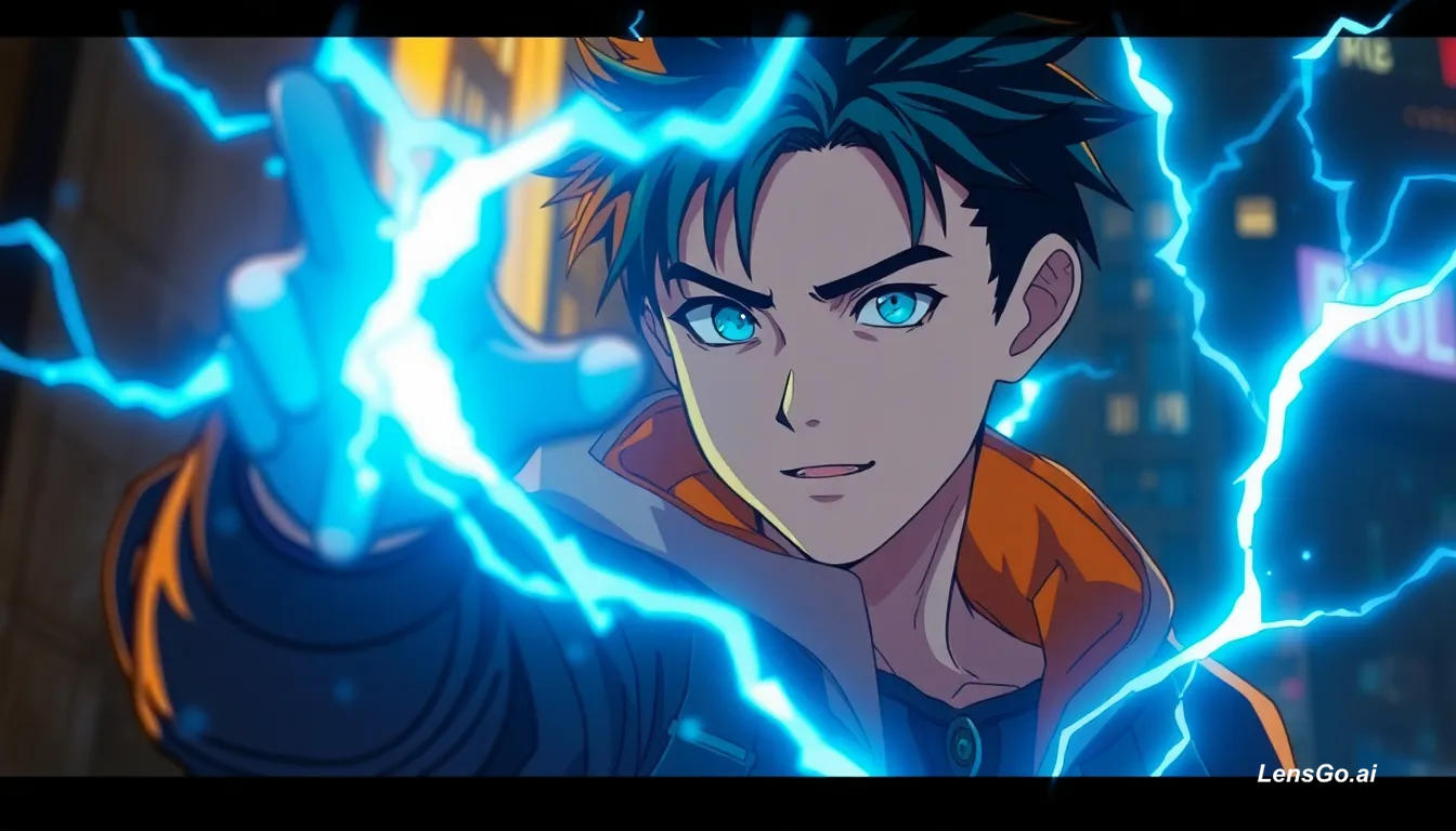 A young character with dark hair and blue eyes channels electric energy.