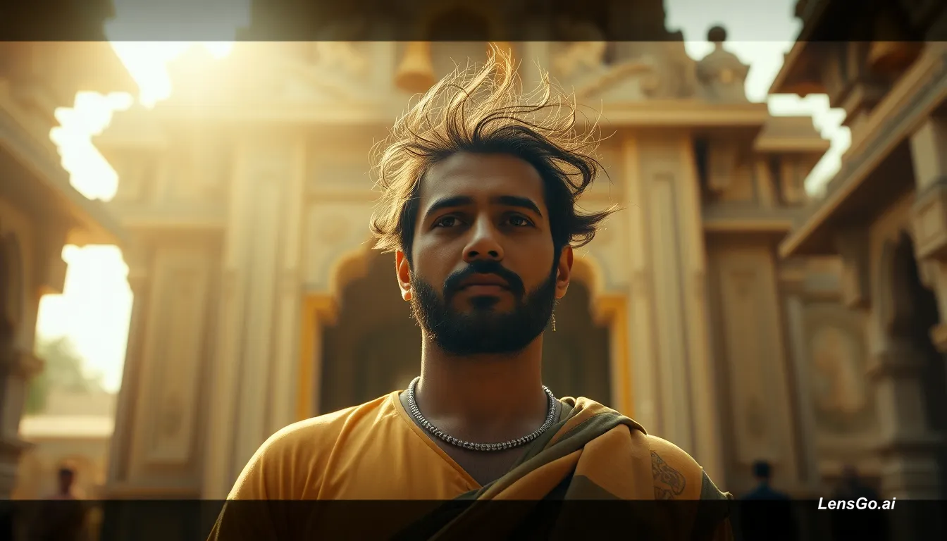 A young man in a temple with sunlight illuminating his face and hair.