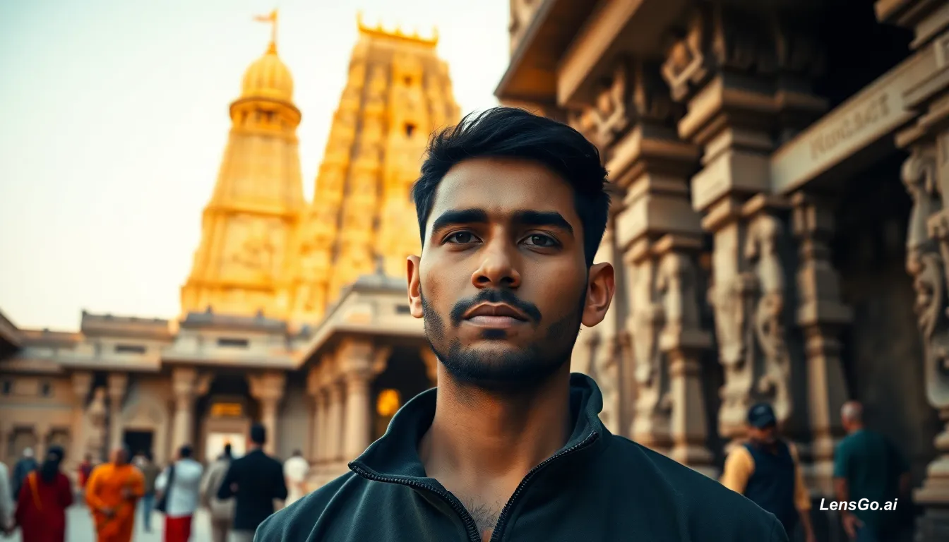 Young man in front of a temple with intricate architecture