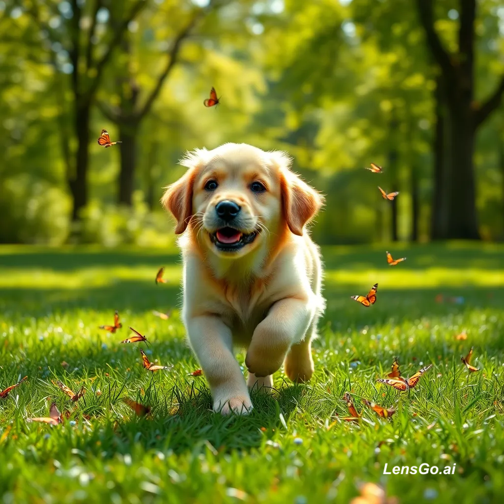Golden retriever puppy running in a green forest with butterflies