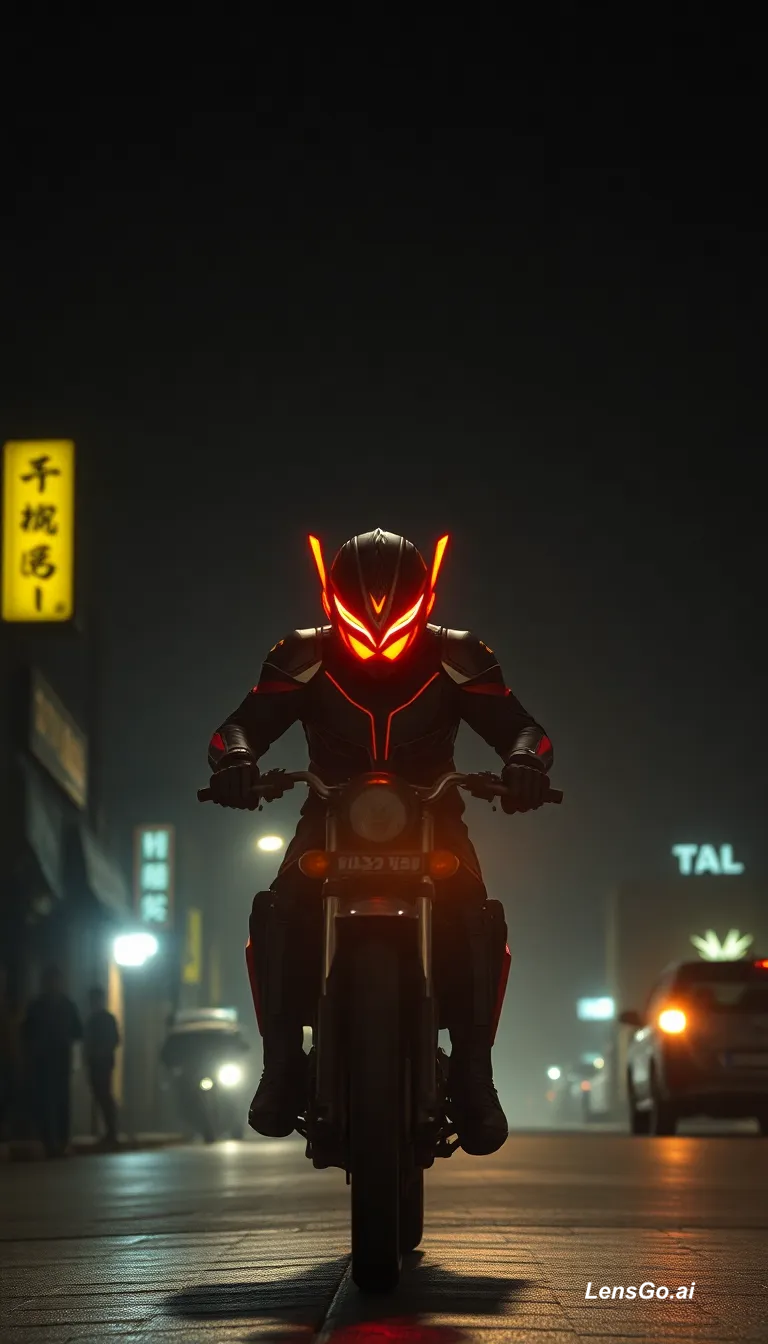 A motorcyclist with glowing helmet rides through a dark street.