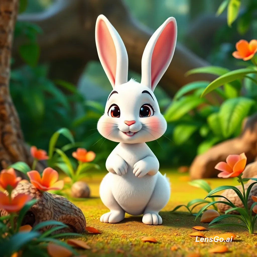 A cheerful cartoon rabbit in a colorful forest setting.