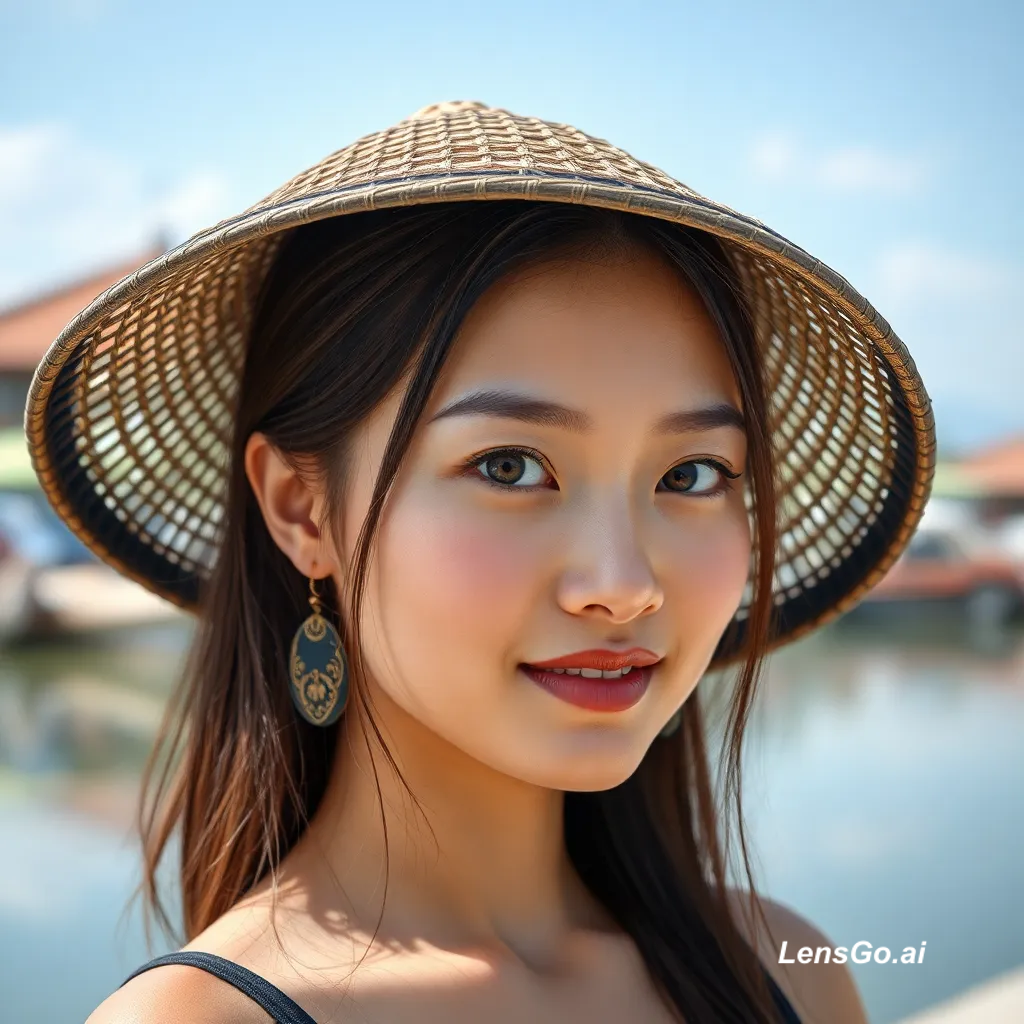 A young woman with a straw hat by the water.