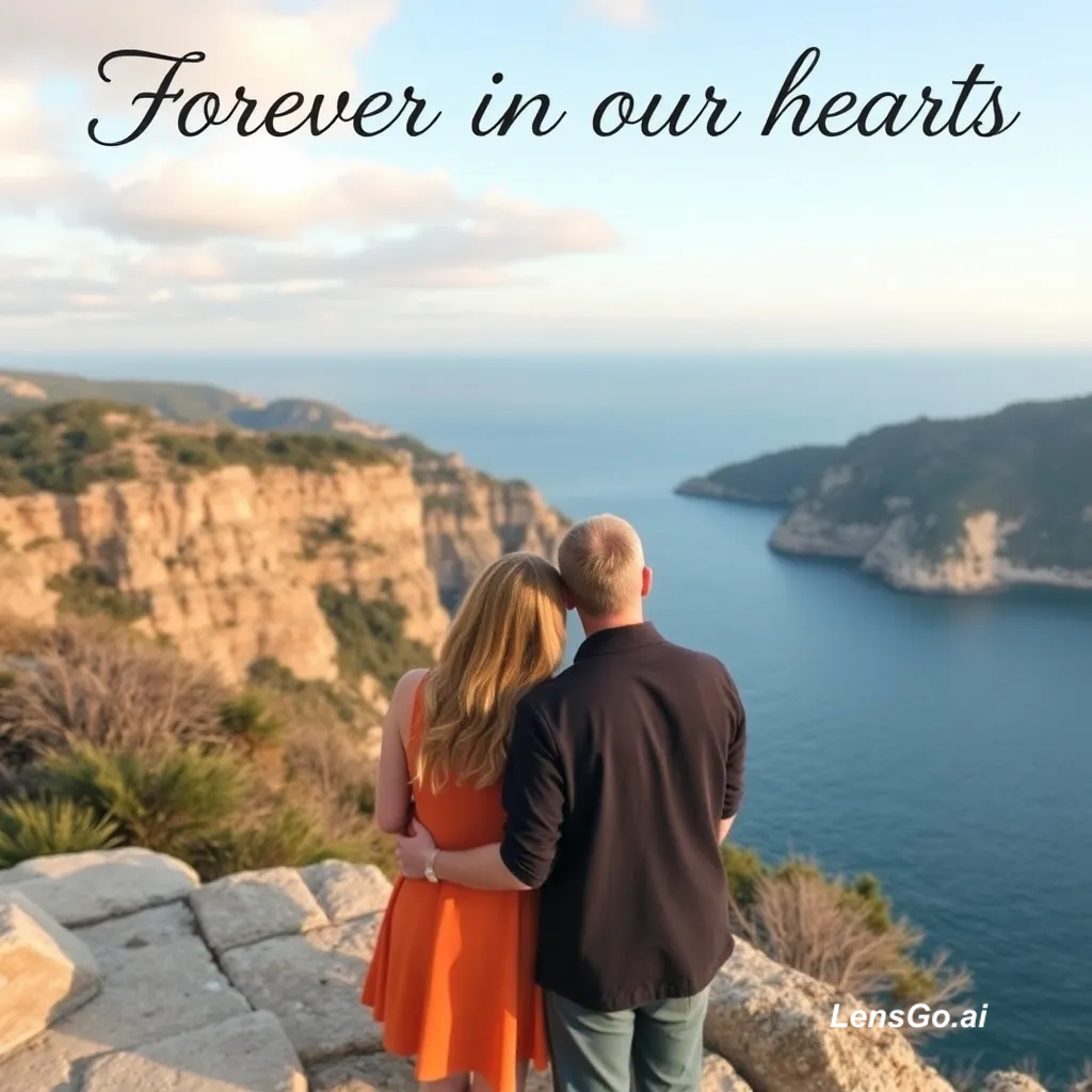A couple embracing with a coastal view in the background.
