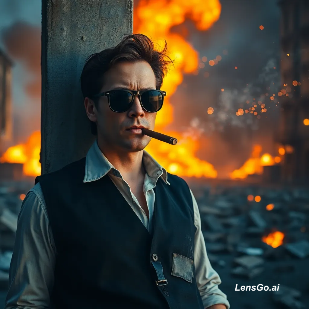 Man in sunglasses and cigar against fiery background