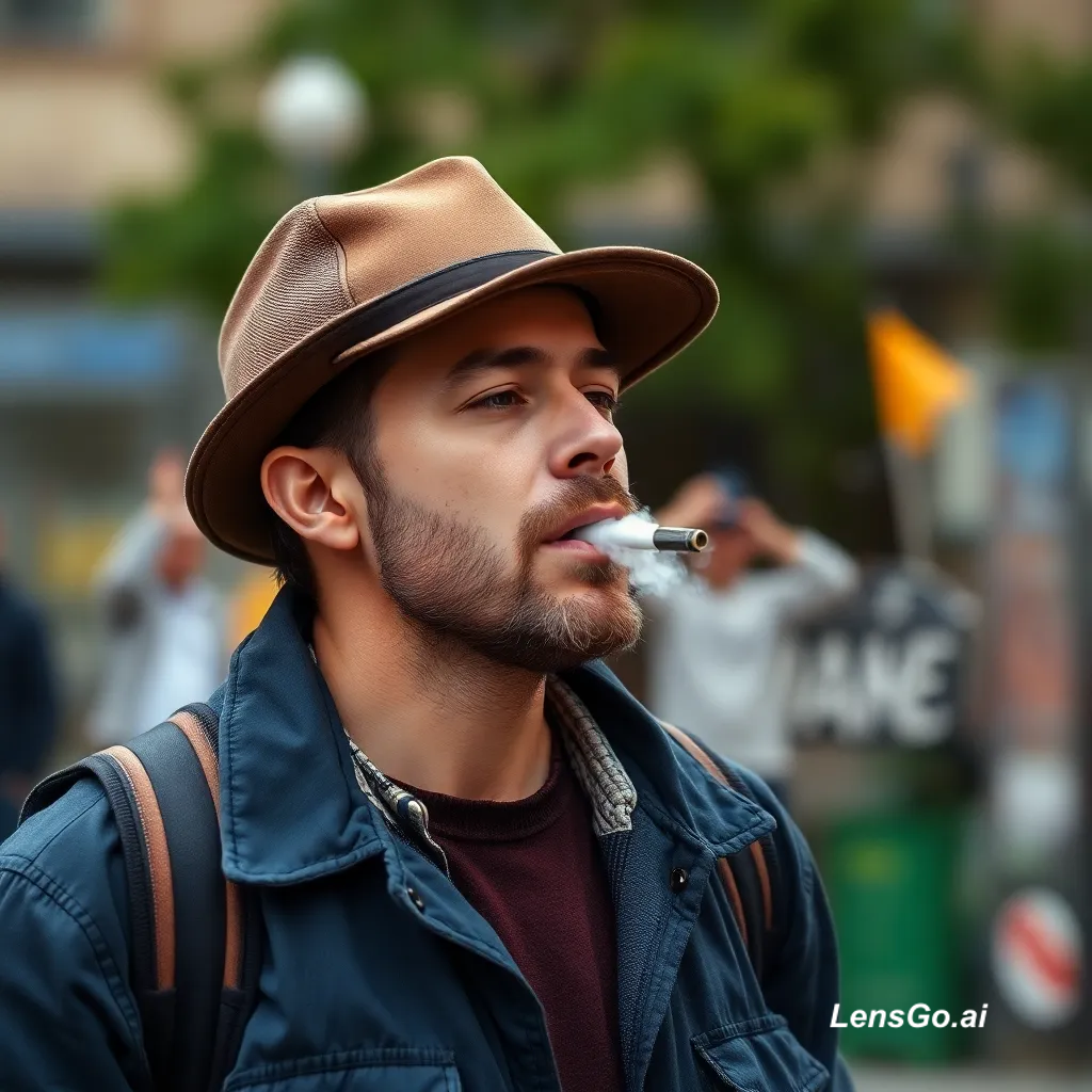 A man in a hat smoking a cigarette outdoors.