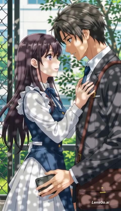 Two characters in a school setting sharing a romantic moment with sunlight filtering through leaves.