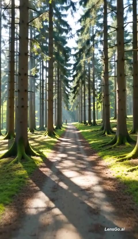 A sunlit forest path with tall trees and shadows.
