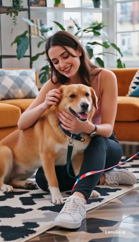 A woman petting a golden retriever in a cozy living room.