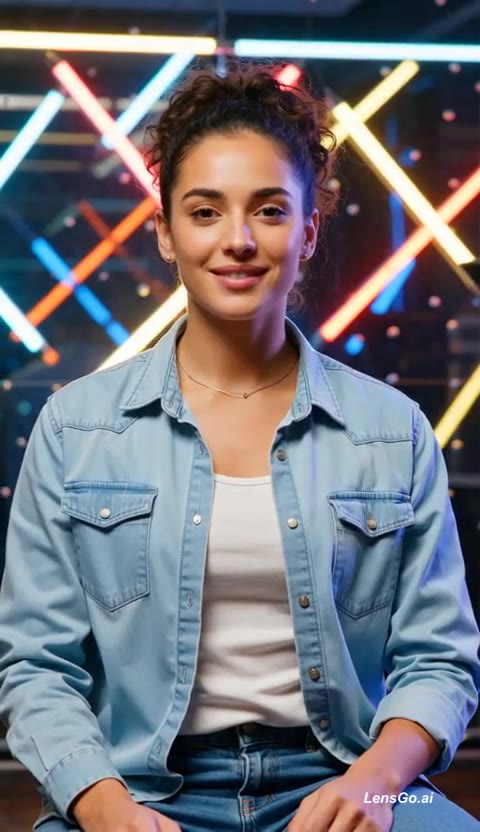 A woman smiling in front of colorful neon lights.